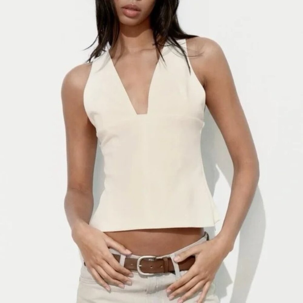 NWT Zara top White Tailored fitted plunge v neck  lined side zip sleeveless L